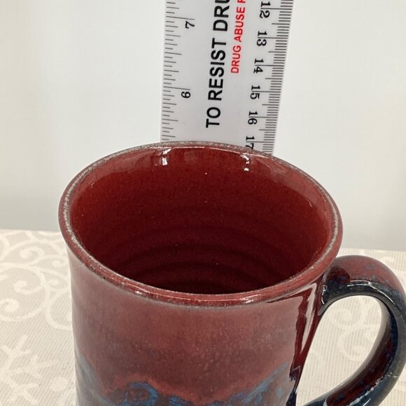 Handmade Ceramic Coffee Mug With Red & Blue Glaze 16 Oz Capacity Unique Signed D - Picture 5 of 7